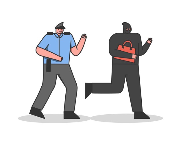 Вектор Полицейский преследует грабителя с сумкой вор в маске убегает от полицейского