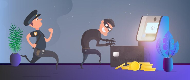 Вектор полицейский бежит за вором. грабитель крадет банковскую карту. банкомат, золотые монеты. концепция мошенничества.