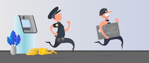 A policeman runs after a thief. the robber steals a bank card and runs away. atm, gold coins. fraud concept. cartoon style. vector.