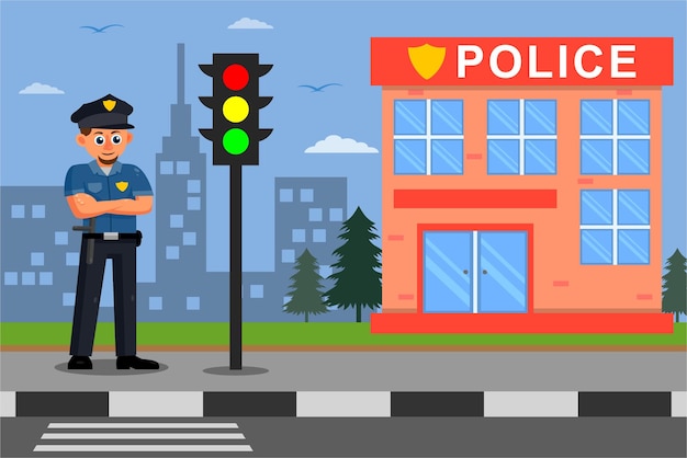 Vector policeman standing in front of police station cartoon illustration