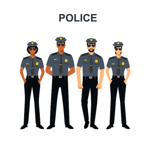 Policeman with different skin colors of men and women Cops African Americans and Europeans