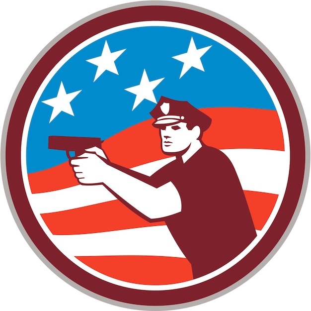 Вектор Полицейский с пистолетом в круге американского флага ретро