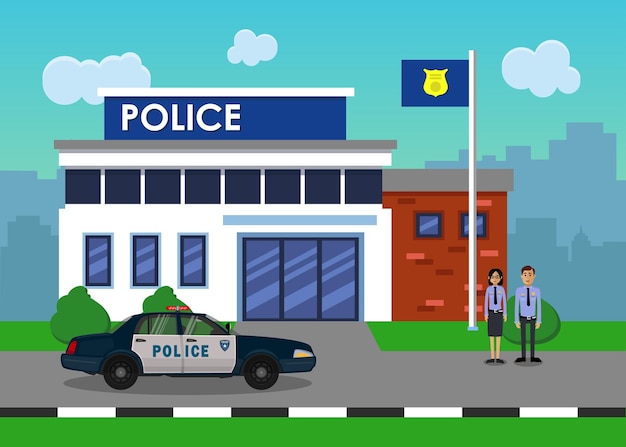 Policemen on the background of the police station vector illustration