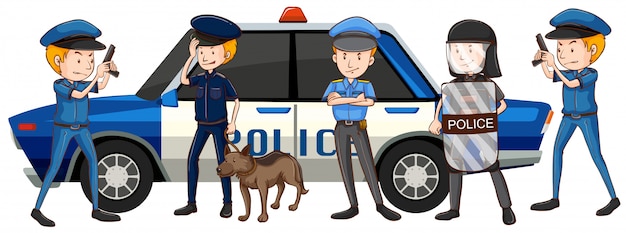 Vector policemen in different uniform by the car