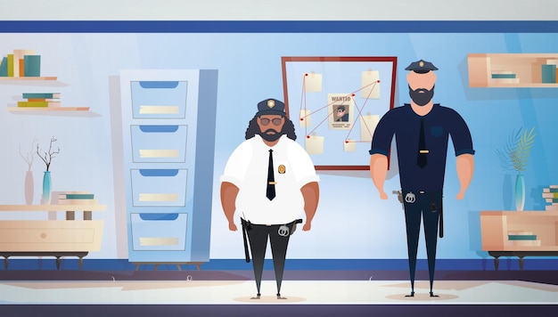 Vettore poliziotti o miliziani nell'illustrazione interna del fumetto della stanza dell'ufficio di indagine del dipartimento o della stazione di polizia