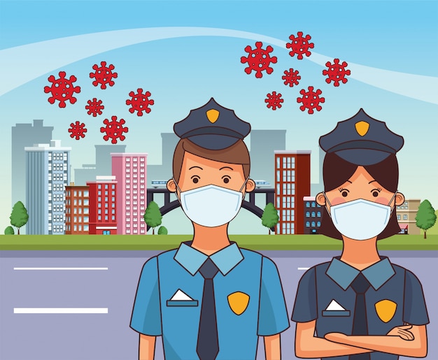 Polices couple workers profession using face masks