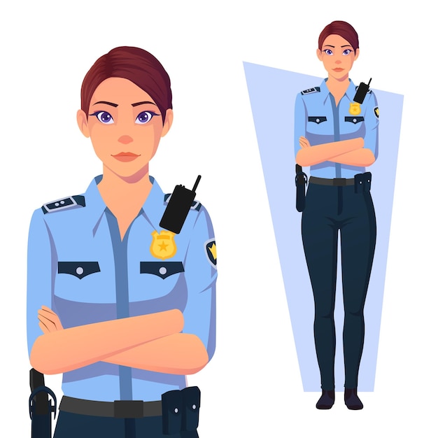 Policewoman with arms folded, wearing blue uniform premium vector