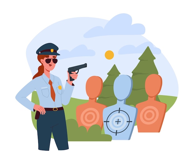 Policewoman with weapon concept woman in uniform with pistol and orange and blue targets training of