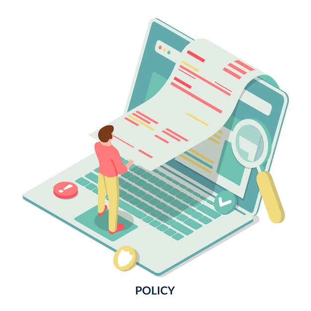 Policy man legge la policy sul sito web illustrazione vettoriale isometrica su sfondo bianco