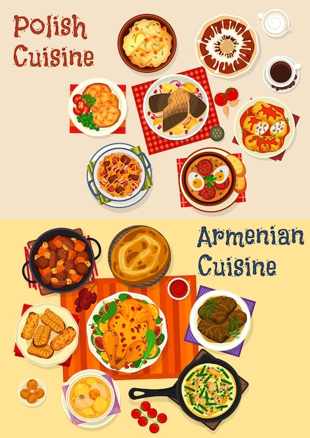 ベクトル ポーランド料理とアルメニア料理のディナー メニュー アイコン