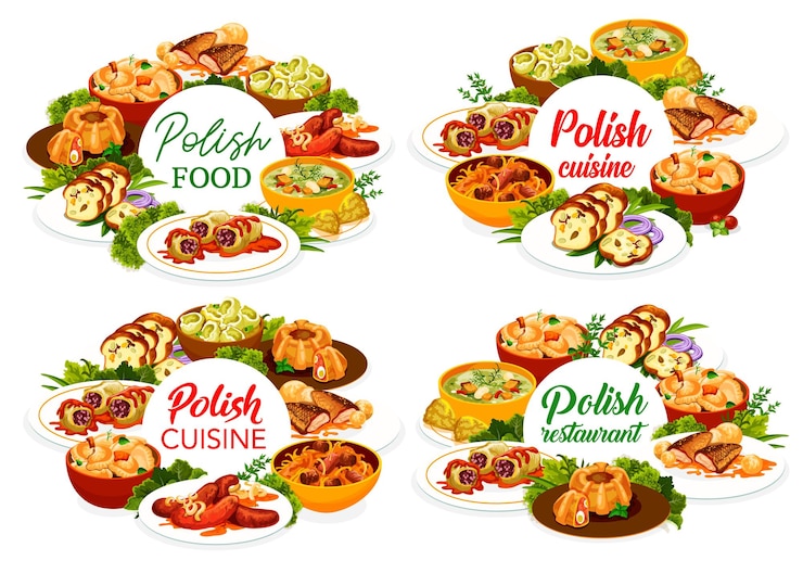 Vector polish cuisine restaurant menu cover template. bigos, faramushka soup and sausages, meatloaf ring, kalduny and cabbage rolls, carp with sauce, dumplings with potatoes and hazelnut mazurka, meat bread