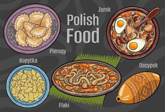 폴란드 음식 고전 요리 세트 만화 손으로 그린 그림