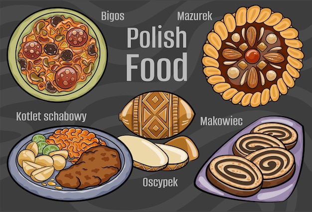 Vector polish food a set of classic dishes cartoon hand drawn illustration