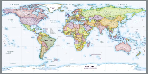 Vector polish language political world map equirectangular projection