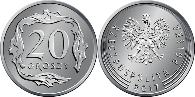 ポーランドマネー20のグロシュシルバーコインがバリューと20の正方形の葉で裏返し、表側がワシの王冠