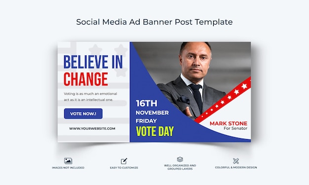 Vettore modello di banner pubblicitario di campagna politica su facebook