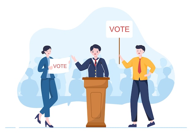 Карикатура на политического кандидата, нарисованная вручную, с концепцией дебатов и голосованием