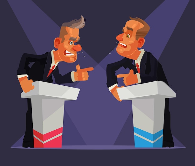 Dibattito politico. carattere di due altoparlanti. illustrazione di cartone animato piatto Vettore Premium
