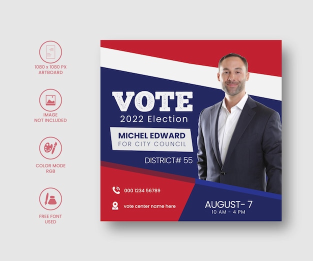 Vector political election amp vote social media post square flyer template