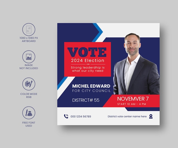 Vector political election amp vote social media post square flyer template