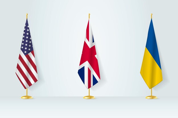 Political gathering of governments Flags of United States United Kingdom and Ukraine