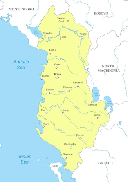 Mappa politica dell'albania con i confini nazionali