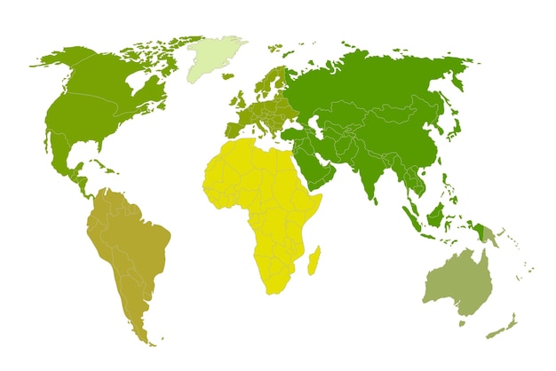 世界の政治地図白い背景の上の緑の世界地図イラスト