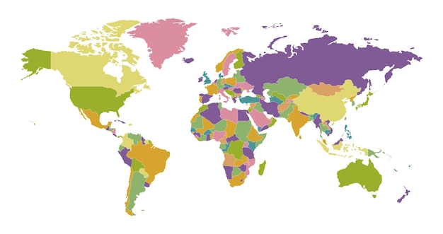 政治地図。色付きのグラフィックマップの地理的テンプレート上の世界の国々。