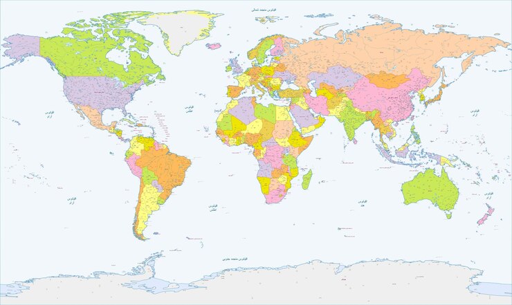 Vector political physical world map farsi language miller projection