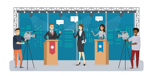 Political talk show on tv Debate politicians in television studio Female journalist use microphone