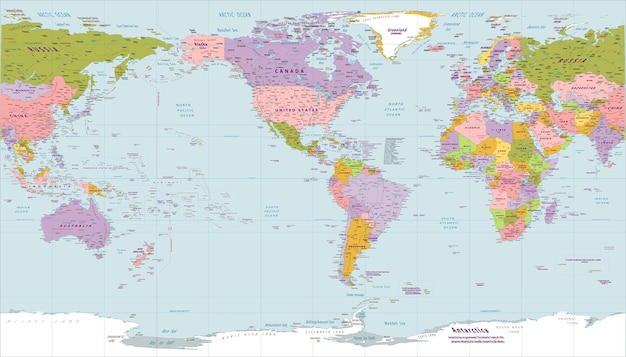 Political world map America centered Patterson projection