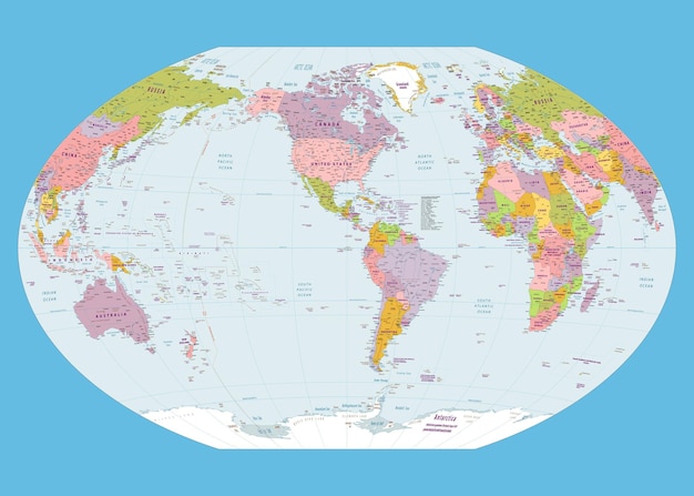 Vettore mappa del mondo politico proiezione winkeltripel centrata sull'america