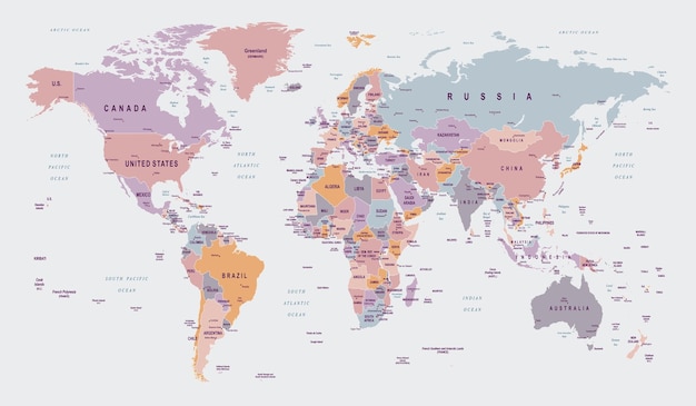 Vector political world map gall stereographic projection