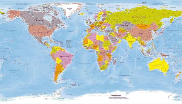 Вектор Политическая карта мира, немецкий язык, проекция паттерсона