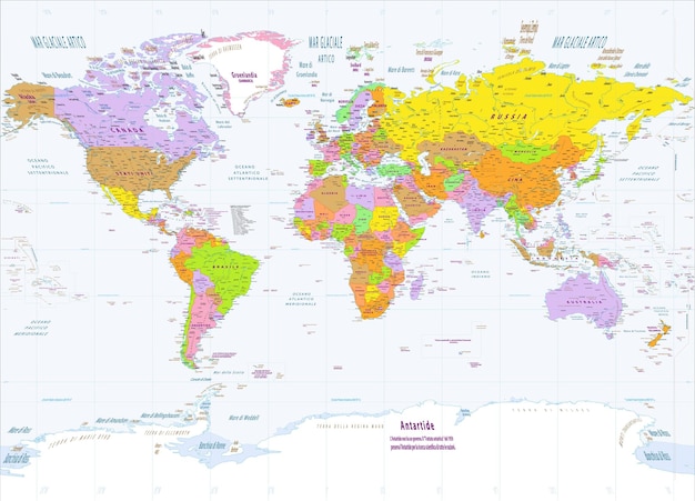 Vettore mappa politica del mondo lingua italiana proiezione di miller