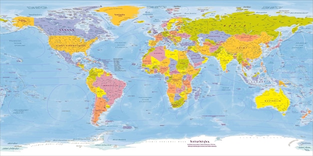 Political world map Polish language Equirectangular projection