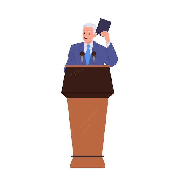 politician minister or president cartoon character giving speech at podium isolated on white
