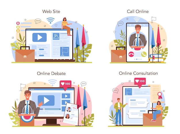 Politician online service or platform set. election and democratic governance. country worldwide representation. online consultation, debate, call, website. flat vector illustration