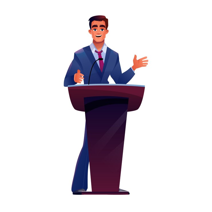 Vector politician at podium tribune speaks microphone