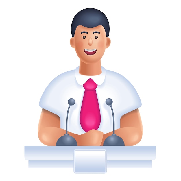 The politician speaks on the podium TV news announcer The speaker speaks into microphones 3d vector people character cartoon minimal illustration