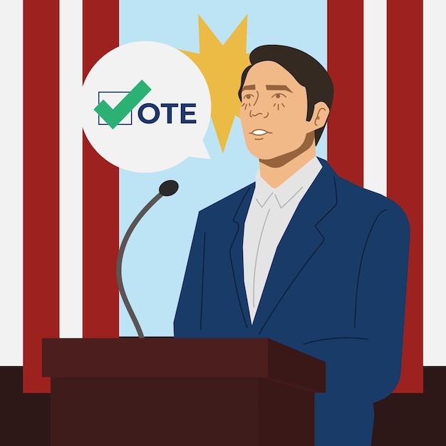 Vector politician talk about vote election 2024 in flat illustration