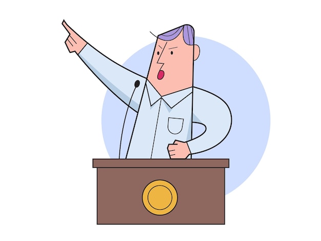 Vector politicus die achter het podium spreekt publieke spreker karaktervector illustratie