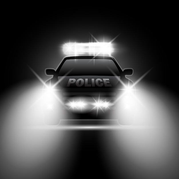 Politie-auto met koplampen fakkels en sirene op de nachtweg. speciale lichtstralen