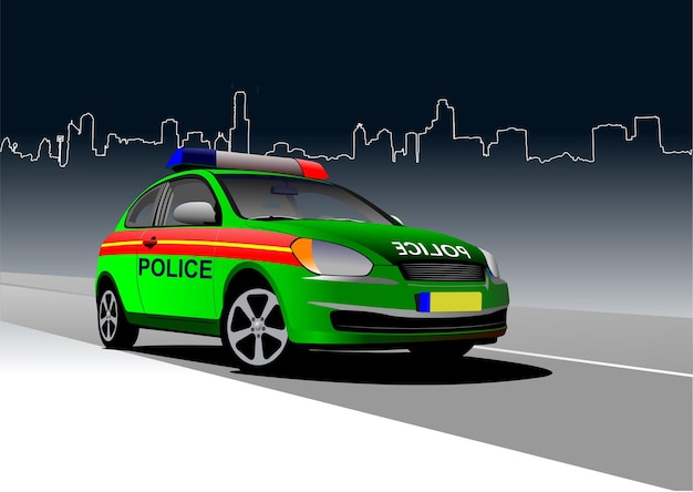 Politie auto op nacht stad panorama achtergrond vectorillustratie