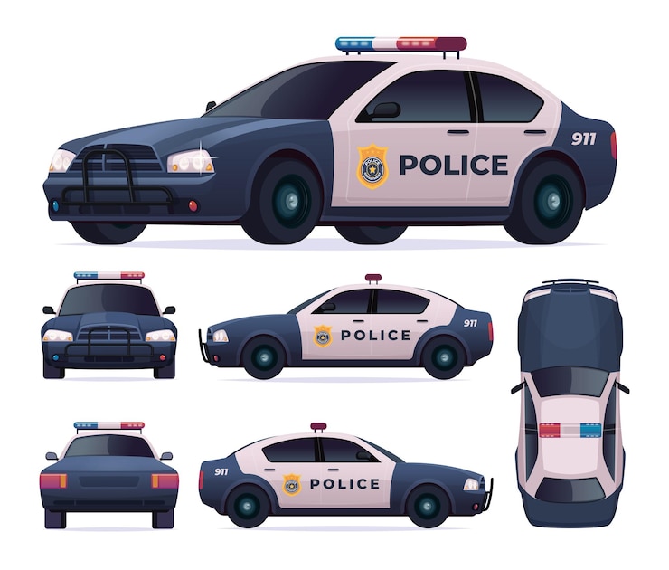 Vector politie auto set. patrouilleer officieel voertuig, achtervolging van politieauto's en achtervolging van criminelen. voorzijde, achterzijde, zijkant, bovenkant bekijken