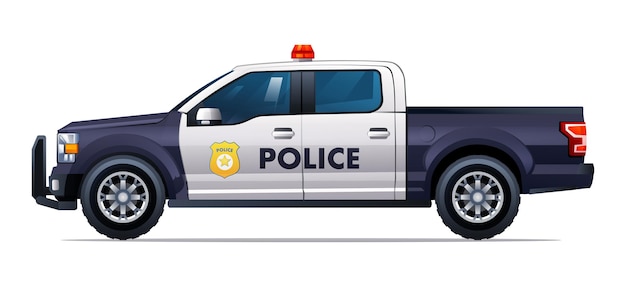 Politie auto vectorillustratie Patrouille officieel voertuig pick-up truck zijaanzicht geïsoleerd op wit