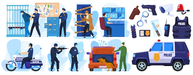 Vector politie illustratie set, cartoon politieagent en criminele personages op noodsituatie arrestatie, politieagent mensen in uniform