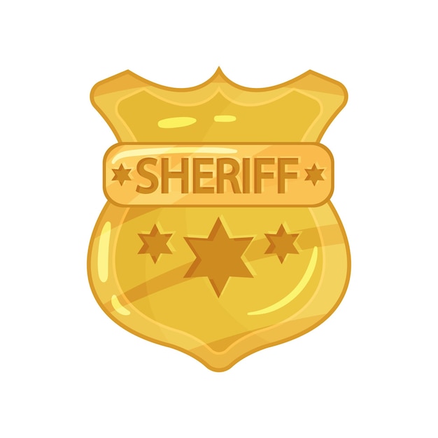 Politie messing badge met sterren en gegraveerd woord sheriff. Illustratie van gouden politiedienst teken. Cop token icoon. Vector gele politieagent embleem in vlakke stijl geïsoleerd op een witte achtergrond.