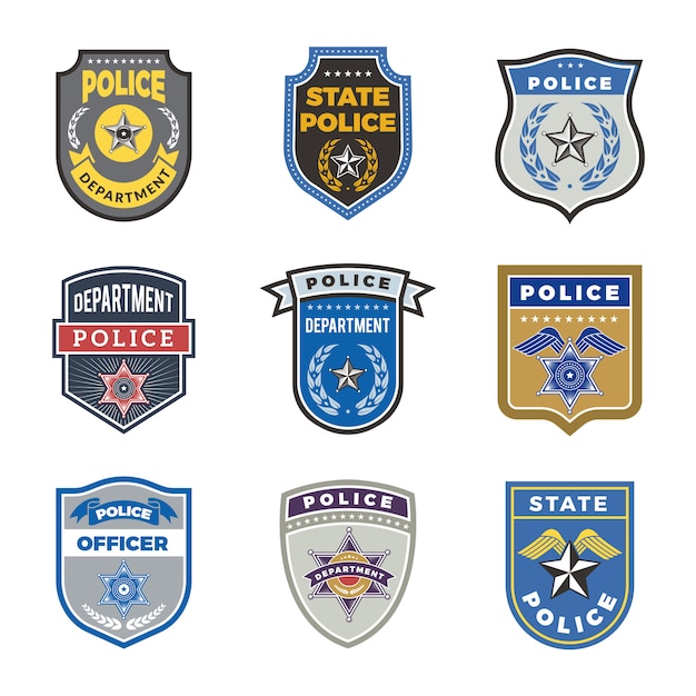 Politie schild, overheidsagent badges en politieagent officier beveiligingssymbolen