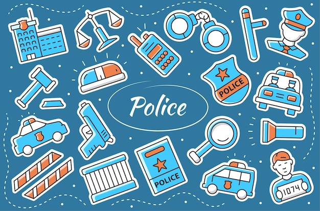 Politie stickerset. Wet en rechtvaardigheidselementen en objecten. Vector illustratie.